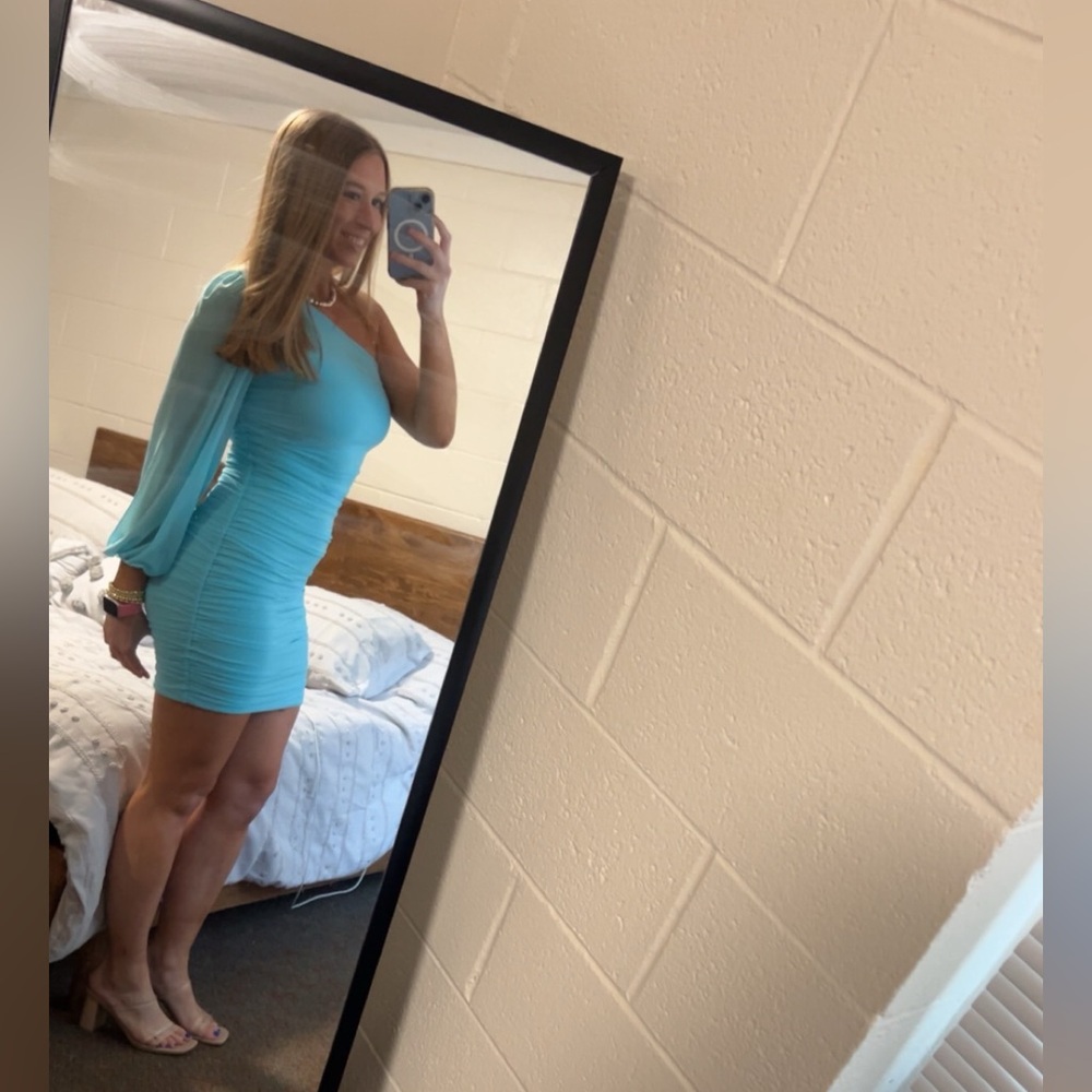 One shoulder sexy ruffled neon turquoise dress